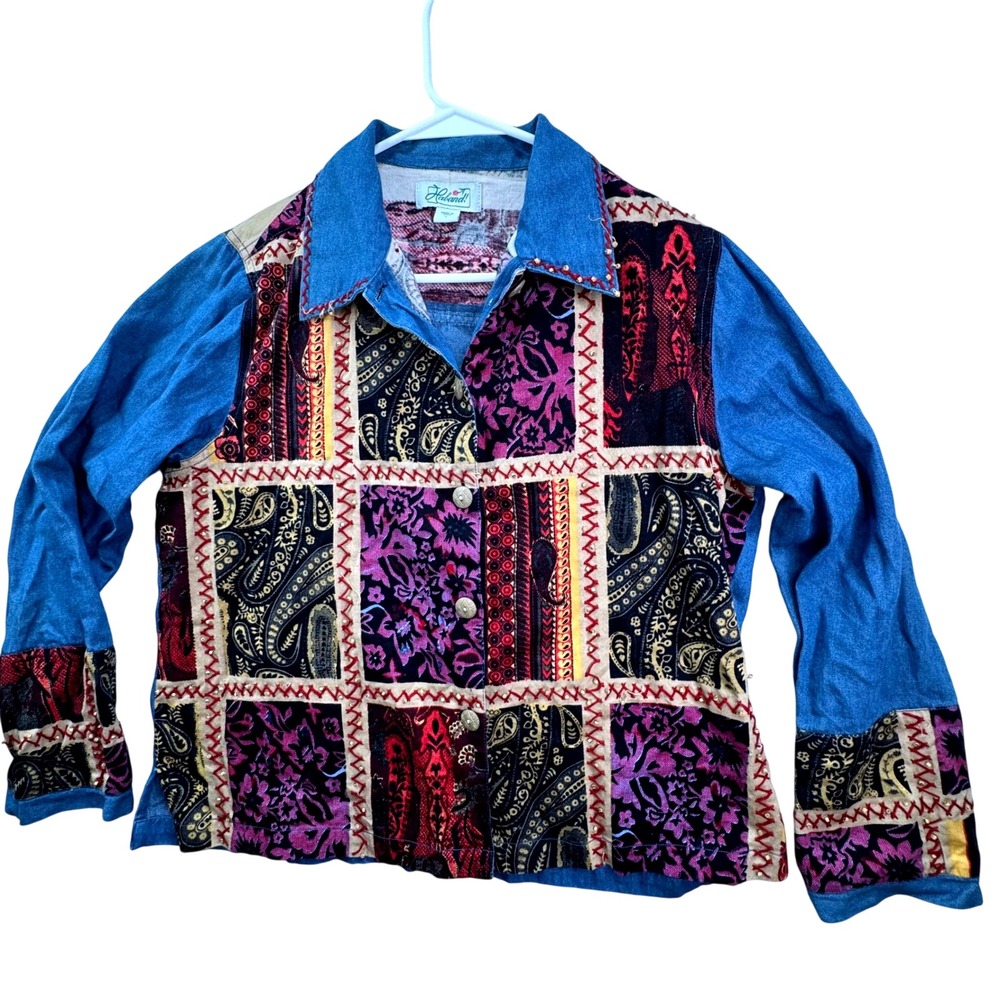 Haband Patchwork Button Up Women Size L Blue Multi-Color Boho Paisley Artsy FLAW
